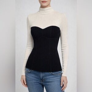 Theory Sweater Bustier L Black Ivory Long Sleeve Mock Neck Ribbed Thin Knit